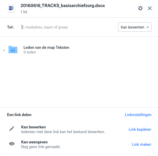 Ook bij Dropbox kan je bestanden en mappen delen en toegangsrechten toekennen.