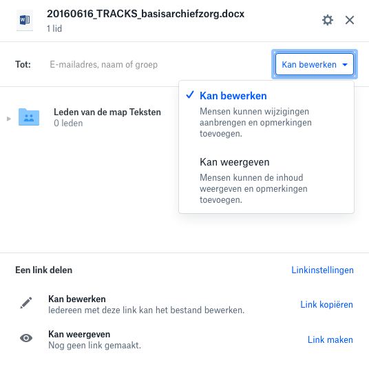 Net als in Google Drive kan je een link maken om bestanden of mappen te delen of specifieke mensen toegang geven