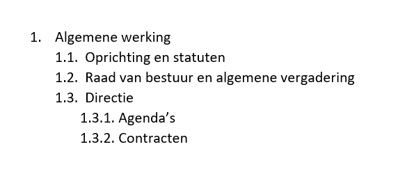 Voorbeeld van gebruik van een hiërarchische nummering in een ordeningsplan