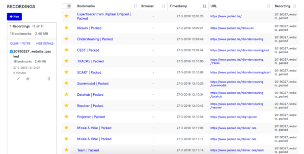 Webrecorder toont een lijst van de pagina’s die gearchiveerd werden