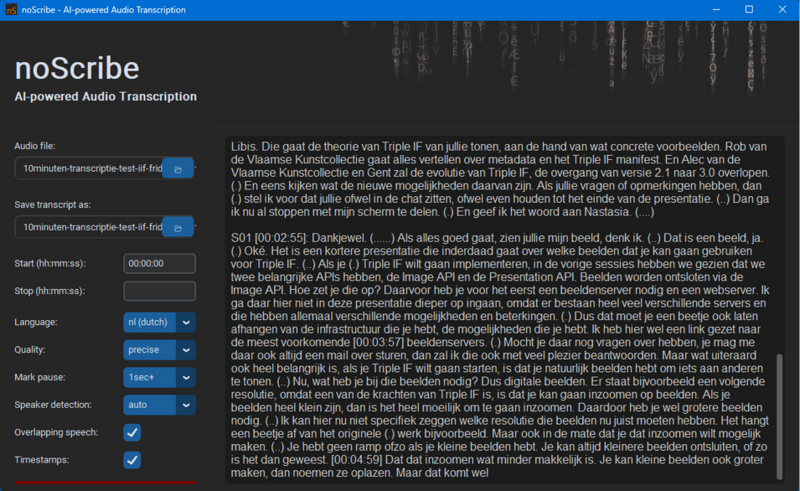 Screenshot of an automatic transcription in noScribe.