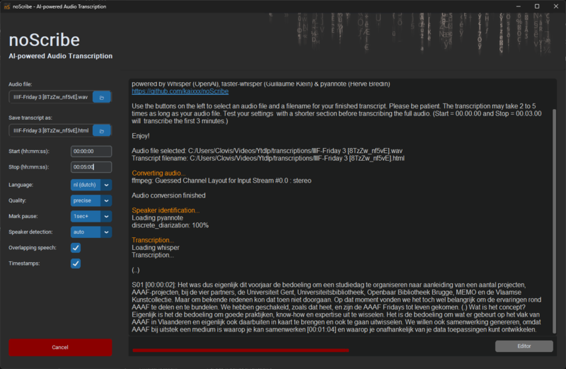 noScribe est en train de transcrire.