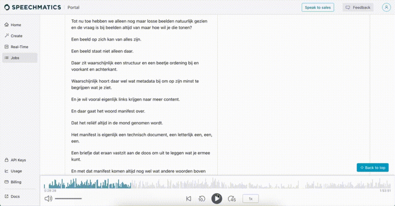 Voorbeeld van een automatische transcriptie in Speechmatics.