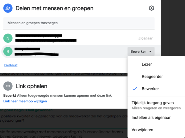 Geef het e-mailadres van de persoon met wie je het bestand wil delen, en kies wat deze persoon met het bestand mag doen: weergeven of bewerken
