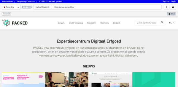 Webrecorder opent de website en begint met opnemen