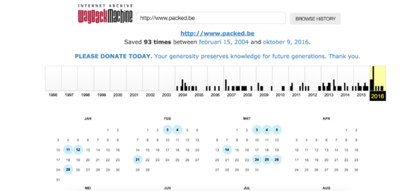 Je kan zien dat de website van PACKED vzw al 93 keer werd gecapteerd tussen 15 februari 2004 en 9 oktober 2016