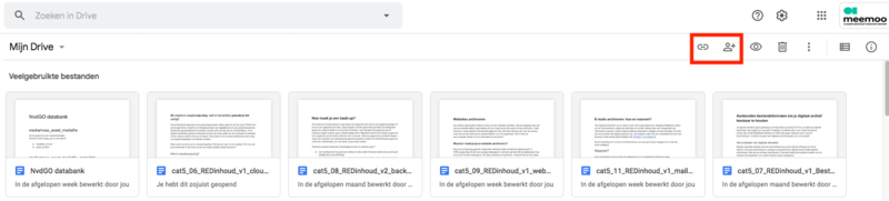 Met de knoppen binnen het rode kader kan je in Google Drive bestanden delen en toegangsrechten instellen