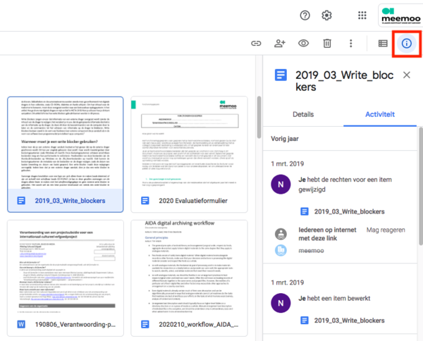Je kan activiteiten en details van een document in Google Drive zien door op de info-knop te klikken