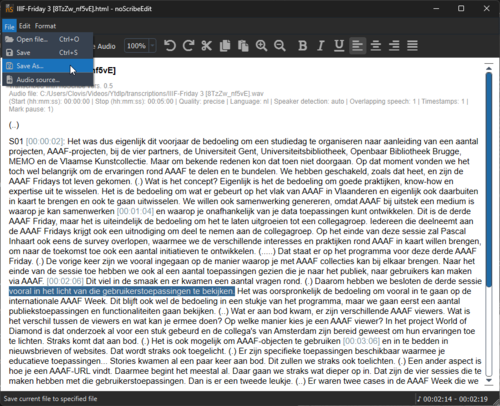 Sauvegarde du texte dans noScribe Editor