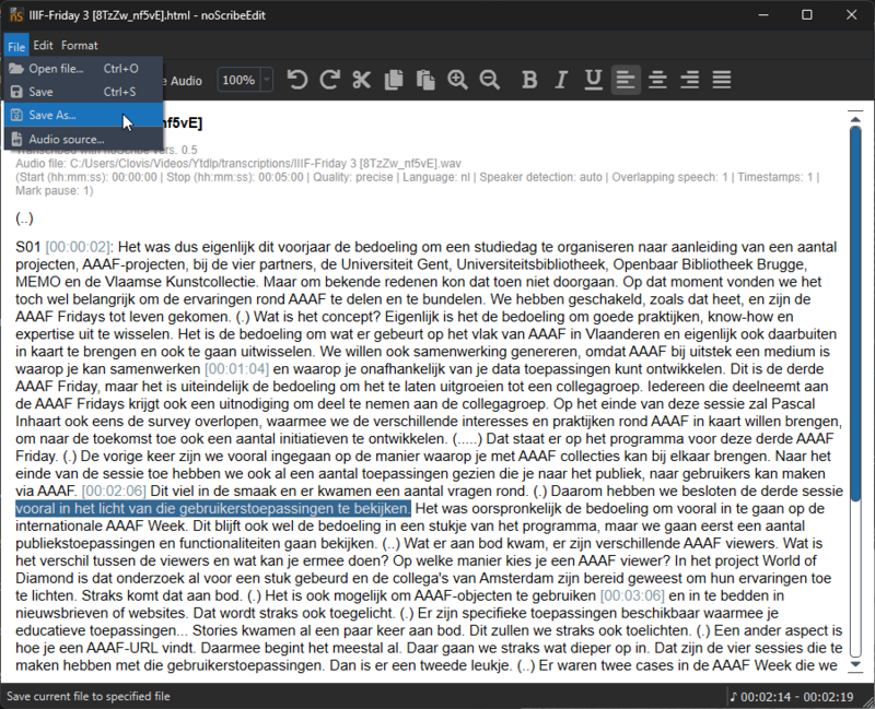 Sauvegarde du texte dans noScribe Editor
