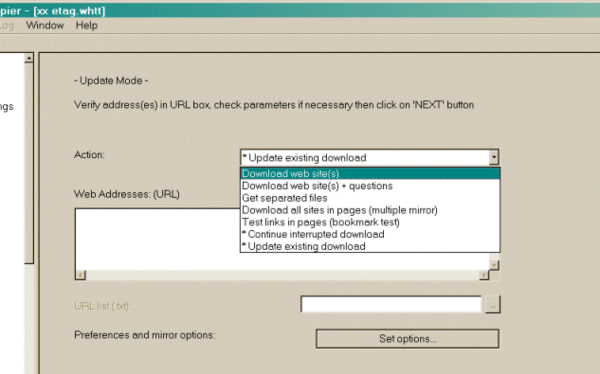 Selecteer een actie. Kies voor ‘download web site(s)’.