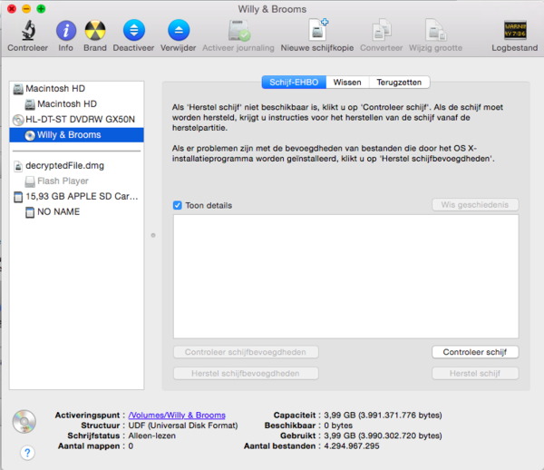 Dashboard van Schijfhulpprogramma/Disk Utility