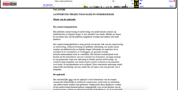 Door op een datum te klikken kom je op een oude versie van de gearchiveerde website. Dit is de website van PACKED vzw op 15 februari 2004.