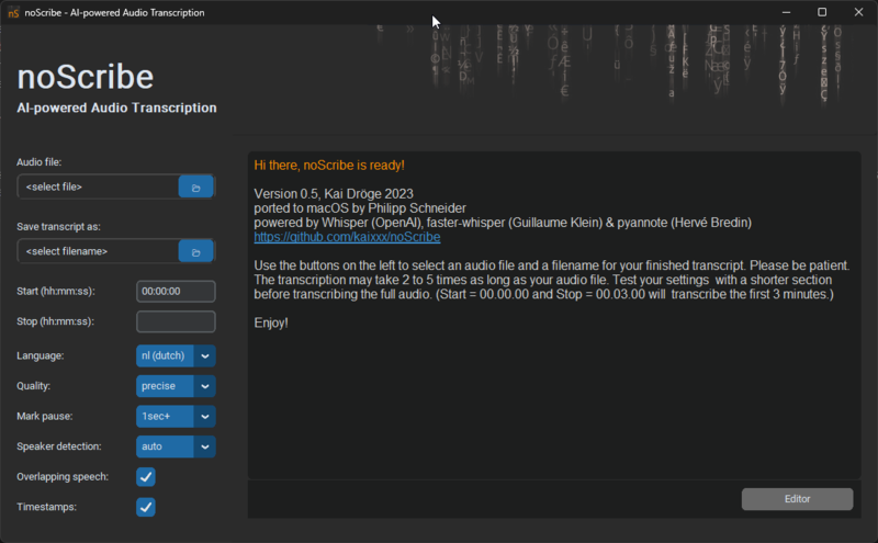 Le bouton de démarrage de noScribe est caché à cause de l'échelle de l'écran