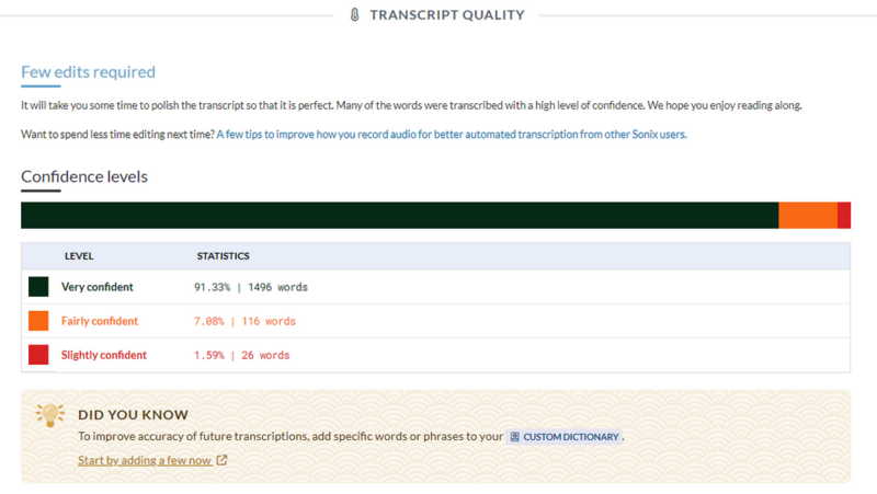 Sonix kan na de automatische transcriptie een indicatie geven van de kwaliteit.