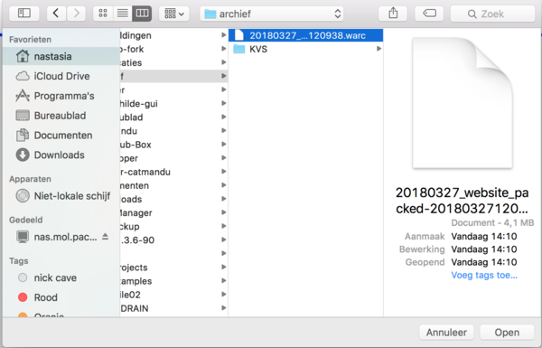 Selecteer je webarchief en klik op ‘Open’
