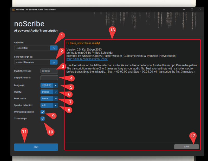 Les composants de l'interface noScribe