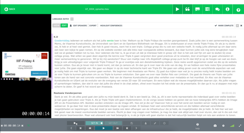 Screenshot van een automatische transcriptie in Limecraft.